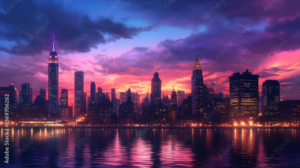 56. A breathtaking twilight scene of Manhattan, with illuminated skyscrapers and reflections on the water beneath a colorful sky 56. A breathtaking twilight scene of Manhattan, with illuminated skyscrapers and reflections on the water beneath a colorful sky