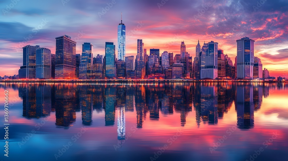 Fototapeta premium 56. A breathtaking twilight scene of Manhattan, with illuminated skyscrapers and reflections on the water beneath a colorful sky