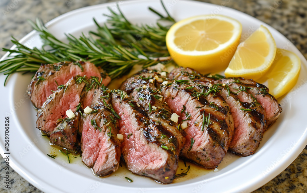 Sliced Grilled Steak with Rosemary and Lemon on a White Plate, Medium Rare Sliced Grilled Steak with Rosemary and Lemon on a White Plate, Medium Rare