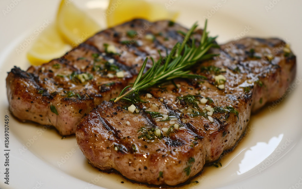 Grilled Pork Chops with Garlic Herb Butter, Rosemary, and Lemon Wedges on Plate. Grilled Pork Chops with Garlic Herb Butter, Rosemary, and Lemon Wedges on Plate.