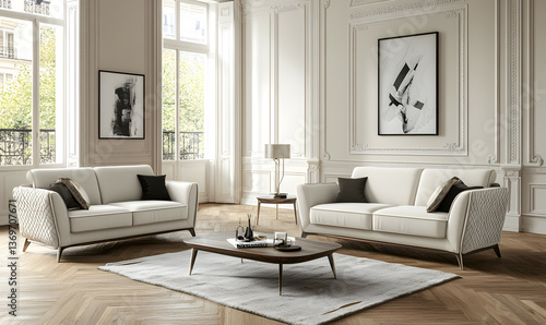 Fototapeta Naklejka Na Ścianę i Meble -  Contemporary Interior Design with Elegant Scandinavian Furniture and Large Windows 3D Illustration
