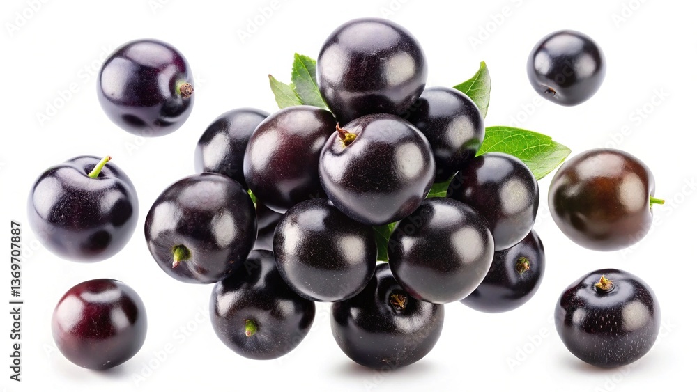 A Cluster of Shiny Dark Purple Acai Berries with Several More Berries Falling Around It on a White Background A Cluster of Shiny Dark Purple Acai Berries with Several More Berries Falling Around It on a White Background