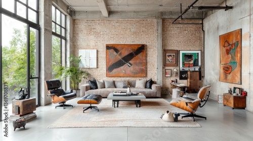 Exposed brick loft apartment with modern furniture, large windows, and artwork