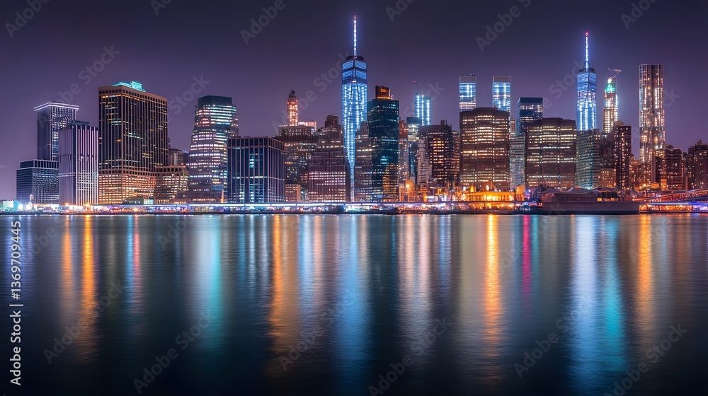 Obraz premium 62. Panoramic evening shot of Manhattan is skyline, with bright lights illuminating the buildings and reflecting in the calm river