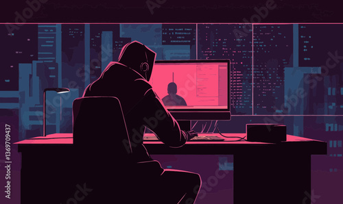 Cybersecurity Threat Concept: Hacker Illustration in Dark Minimalist Vector Art