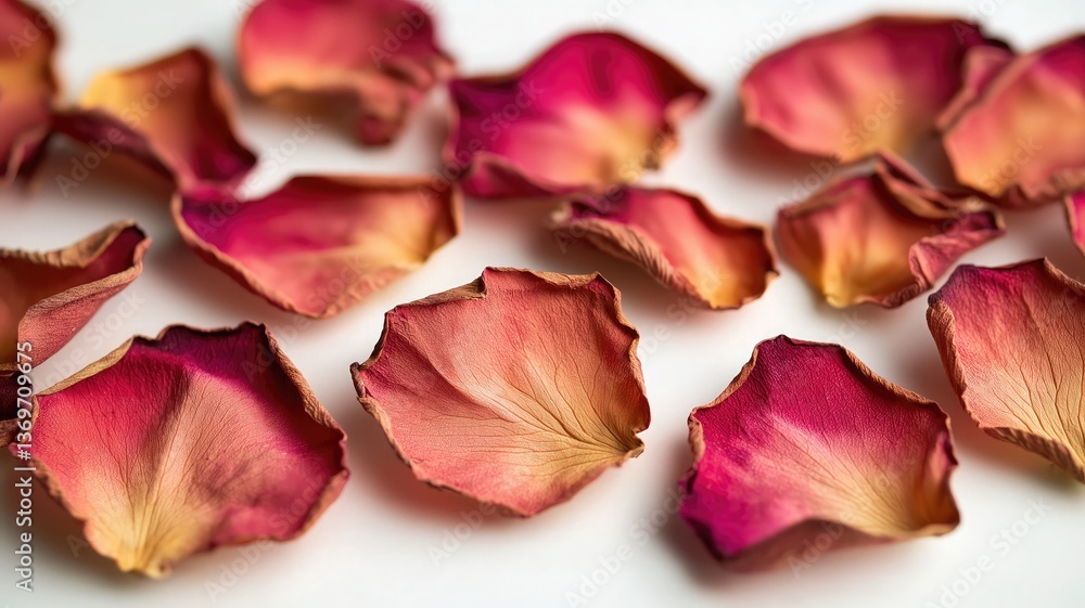 A collection of dried rose petals, scattered naturally on a white surface, showcasing their soft, delicate pink and red hues. isolated on white background. A collection of dried rose petals, scattered naturally on a white surface, showcasing their soft, delicate pink and red hues. isolated on white background.