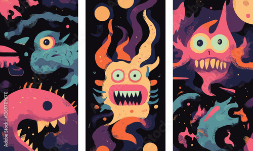 Abstract Monster Illustrations Set in Flat Minimalist Vector Style for Creative Designs