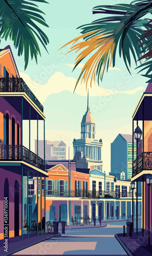Retro New Orleans Cityscape Travel Poster in Minimalist Vintage Style for Summer Explorers