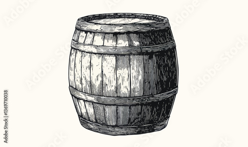 Rustic Oak Wooden Barrel Illustration in Engraving Sketch Style for Vintage Crafts