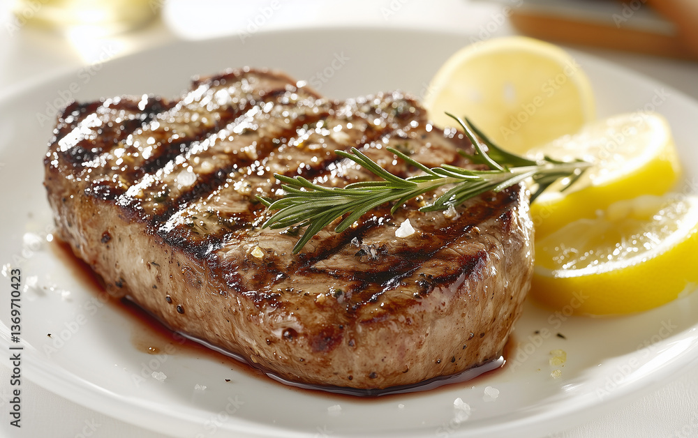 Grilled Steak with Rosemary and Lemon on a White Plate, Close-Up Grilled Steak with Rosemary and Lemon on a White Plate, Close-Up