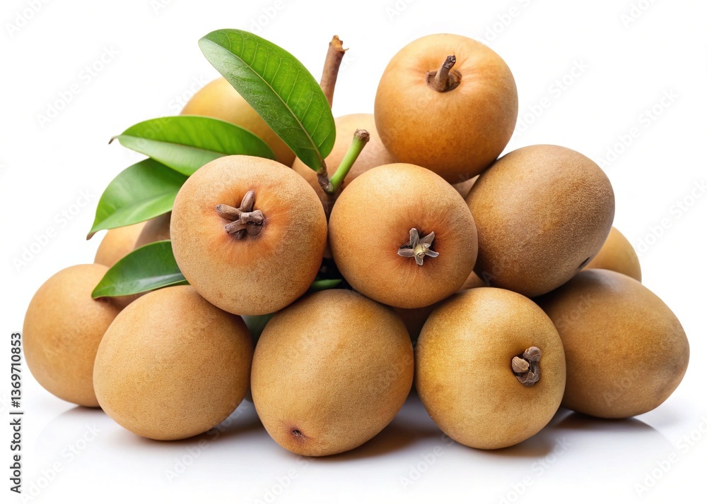 A Group of Ripe Sapodilla Fruits with Fresh Green Leaves A Group of Ripe Sapodilla Fruits with Fresh Green Leaves