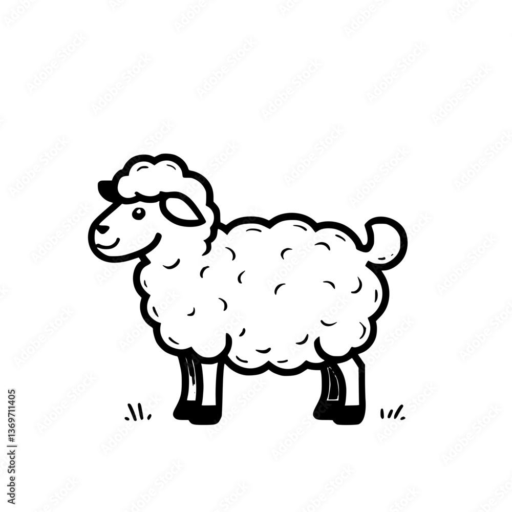 Cartoon sheep illustration A fluffy smiling farm animal in a simple -and- drawing style against a plain background Cartoon sheep illustration A fluffy smiling farm animal in a simple -and- drawing style against a plain background