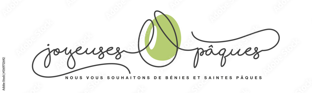 Happy Easter greeting card on French language. Happy Easter continuous handwritten calligraphy lettering line design and Easter egg in the middle on white background Happy Easter greeting card on French language. Happy Easter continuous handwritten calligraphy lettering line design and Easter egg in the middle on white background