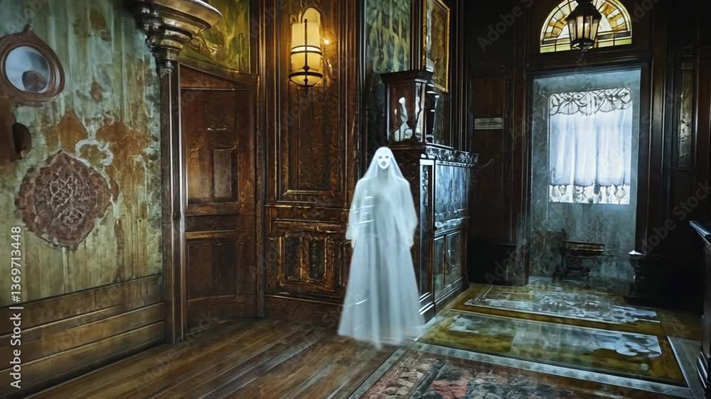 Ethereal Encounter: A Ghostly Figure Graces the Grand Hallway of a Haunted Estate Ethereal Encounter: A Ghostly Figure Graces the Grand Hallway of a Haunted Estate