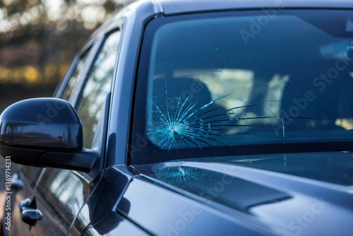 Car cracked windshield detail