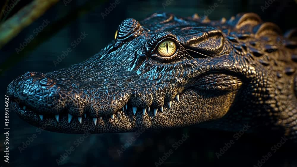 Dramatic close-up of an alligator's head with sharp teeth and intense golden eyes