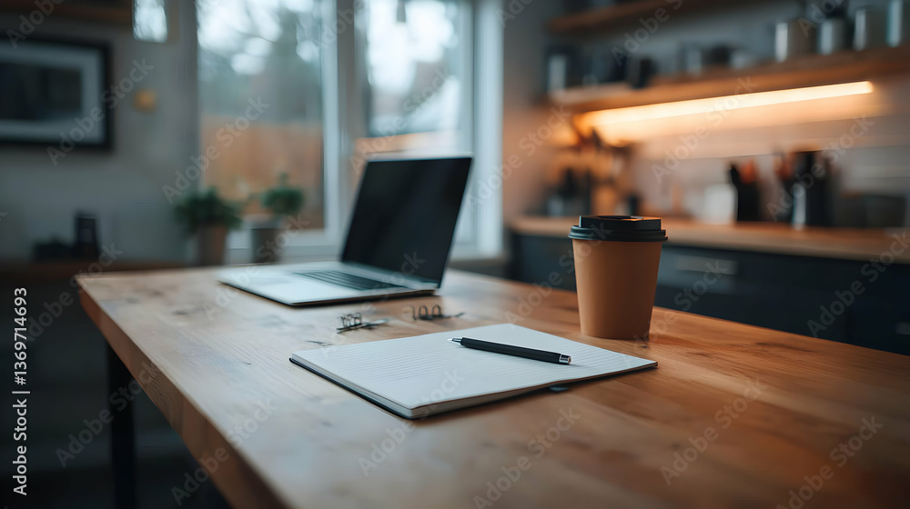 Laptop and Notebook on a Wooden Kitchen Table with Coffee Laptop and Notebook on a Wooden Kitchen Table with Coffee