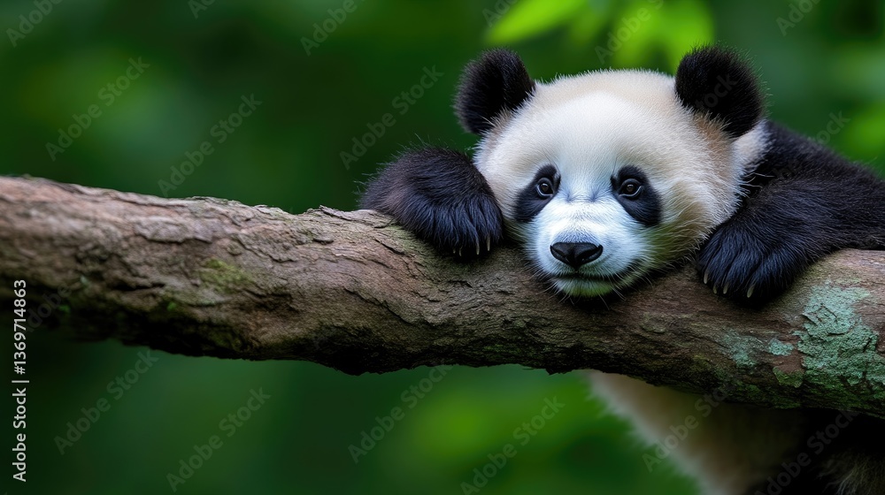Obraz premium Cute baby panda resting on branch in lush forest