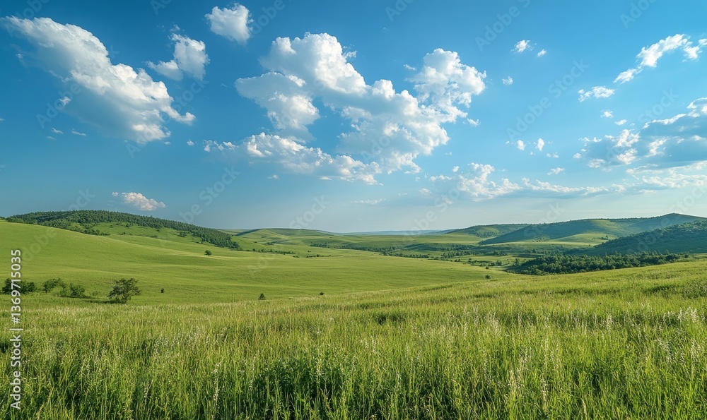 Green grass field on small hills and blue sky with clouds. Summer spring landscape background. Generative AI Green grass field on small hills and blue sky with clouds. Summer spring landscape background. Generative AI