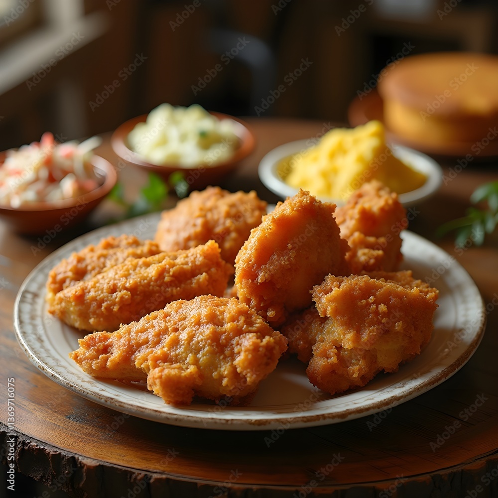 Golden Southern Fried Chicken with Classic Sides on a Rustic Wooden Table Golden Southern Fried Chicken with Classic Sides on a Rustic Wooden Table