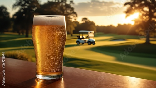 Golden Hour on Golf Course, Frosty Beer Glass, Warm Sunset Light, Leisure Atmosphere

