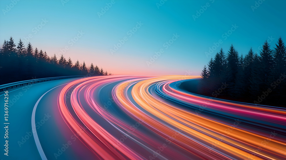 Naklejka premium Fast Cars Driving on a Winding Highway at Night Long Exposure Photography