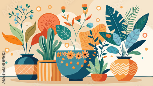 Abstract plant wall decor. Contemporary poster set of potted flowers boho style. Modern organic shapes, hand drawn vector illustration