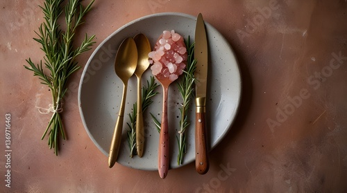 Overhead view of a rustic cutlery setting with pink himalayan salt and a sprig of rosemary. generative.ai