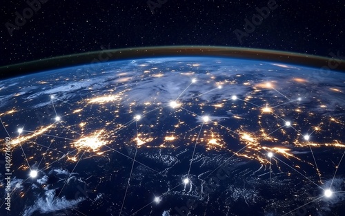 Global Network Connections Earth Night Lights Digital World Map Data Space Globe Lines