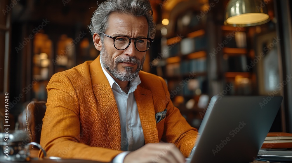 Focused Entrepreneur at Work: A distinguished middle-aged man in a stylish orange suit, engrossed in his laptop, radiates focus and experience. The warm. Focused Entrepreneur at Work: A distinguished middle-aged man in a stylish orange suit, engrossed in his laptop, radiates focus and experience. The warm.
