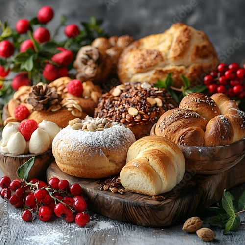 Assortment of Bread and Pastries on Vintage Table