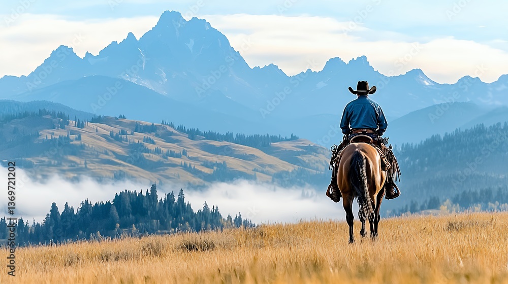 Fototapeta premium Cowboy on Horseback Amidst Misty Mountain Valley