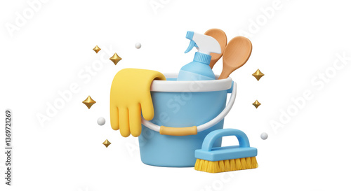 Isolated Cleaning Bucket with Supplies and Sparkling Stars