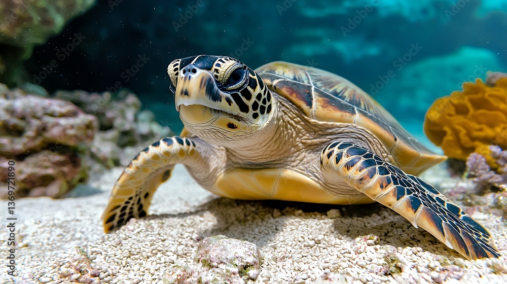 Fototapeta premium Detailed Close Up of a Sea Turtle on Sandy Seabed in Vibrant Coral Reef