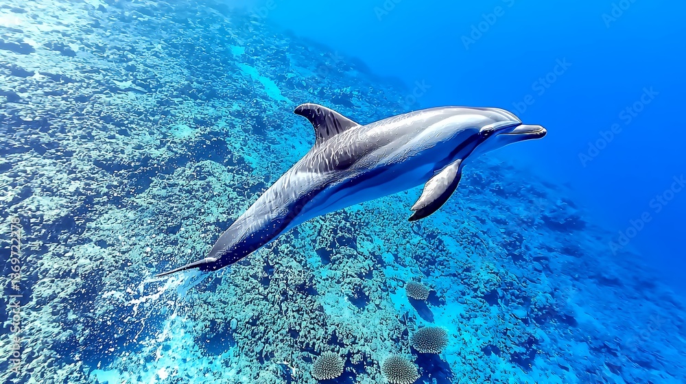 Fototapeta premium Dolphin Swimming Over Vibrant Coral Reef in Clear Blue Water