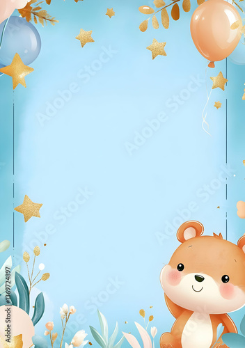 Cute bear illustration with balloons and stars, ideal for children's invitations.
