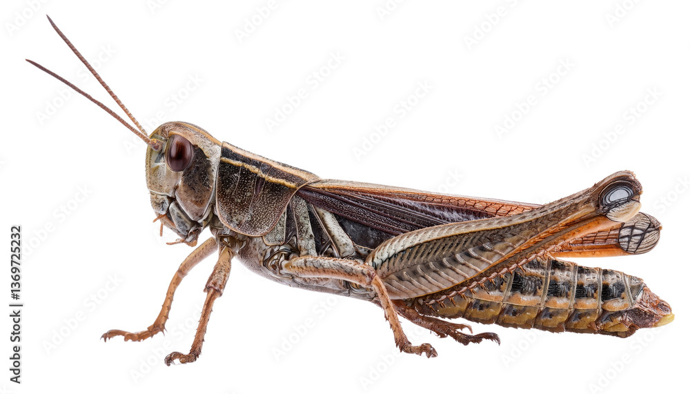 Fototapeta premium Close-up of a grasshopper showcasing detailed anatomy and vibrant colors.