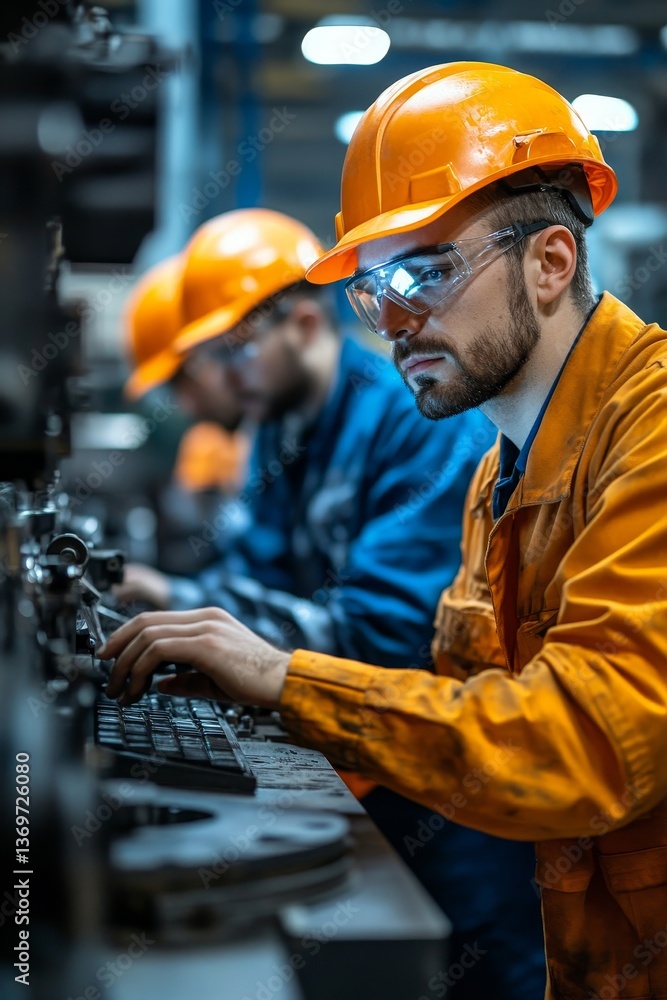 Professional Mechanical Engineer team Working on Personal Computer at Metal lathe industrial manufacturing factory. Engineer Operating lathe Machinery. Product quality Professional Mechanical Engineer team Working on Personal Computer at Metal lathe industrial manufacturing factory. Engineer Operating lathe Machinery. Product quality