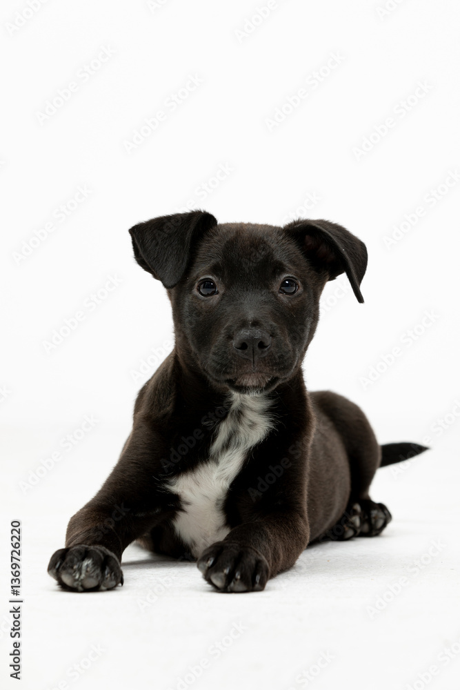 An adorable black puppy with charming white markings set against a clean white background An adorable black puppy with charming white markings set against a clean white background