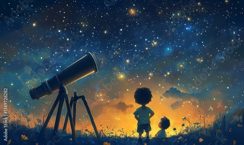 night scene of two brothers outdoors, llittle boy looking through a telescope at stars in the sky, digital art style, illustration painting