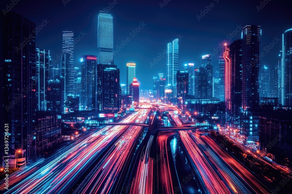 Obraz premium A busy urban landscape showcases skyscrapers glowing with neon lights as cars race along the highway after sunset, creating a lively atmosphere