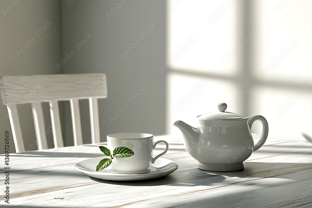 Obraz premium White Tea Set on a Wooden Table