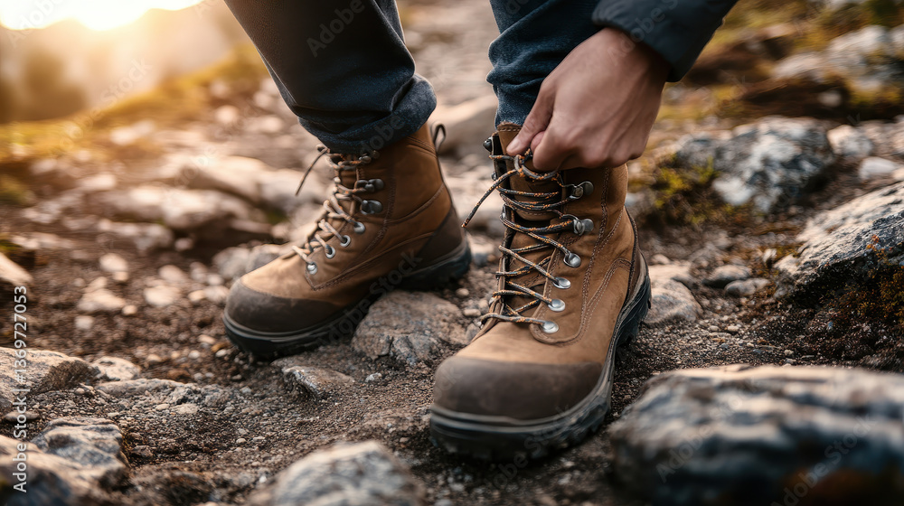 A close-up of a hiker tying their boots on a rocky path A close-up of a hiker tying their boots on a rocky path
