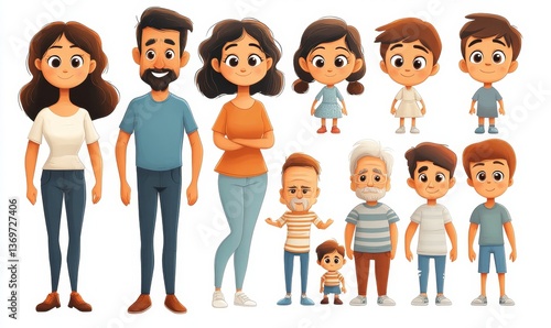 Cartoon family creation kit. Parents, children and grandparents characters constructor. Big family, mascot emotions, body gesture and hairstyle. Isolated  illustration symbols