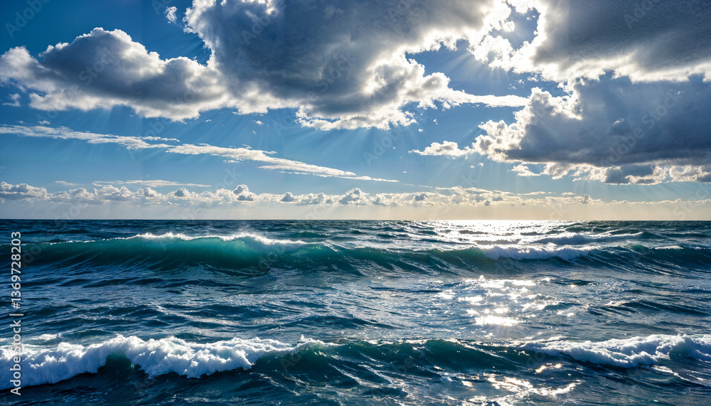 Fototapeta premium Le soleil brille au-dessus d'une mer agitée