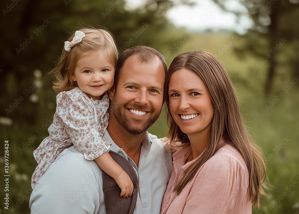 Fototapeta premium Happy family taking a selfie in a lush green park, smiling and enjoying a fun moment together in a bright outdoor setting, capturing joy and togetherness