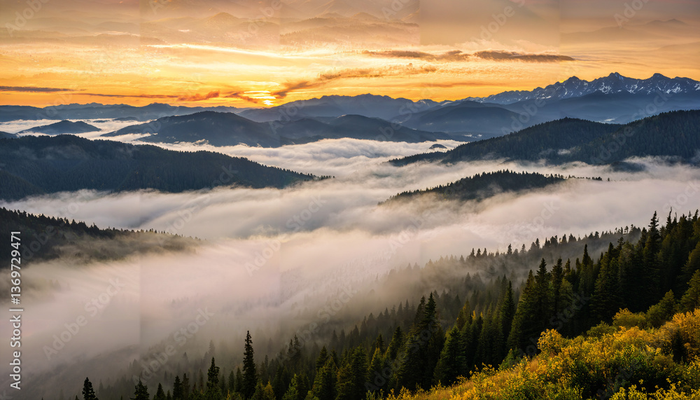 Obraz premium Le coucher du soleil dans la vallée enneigée