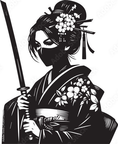 A Japanese-inspired black vector of a female samurai in an elegant kimono, holding a katana, her face partially hidden by a mask.