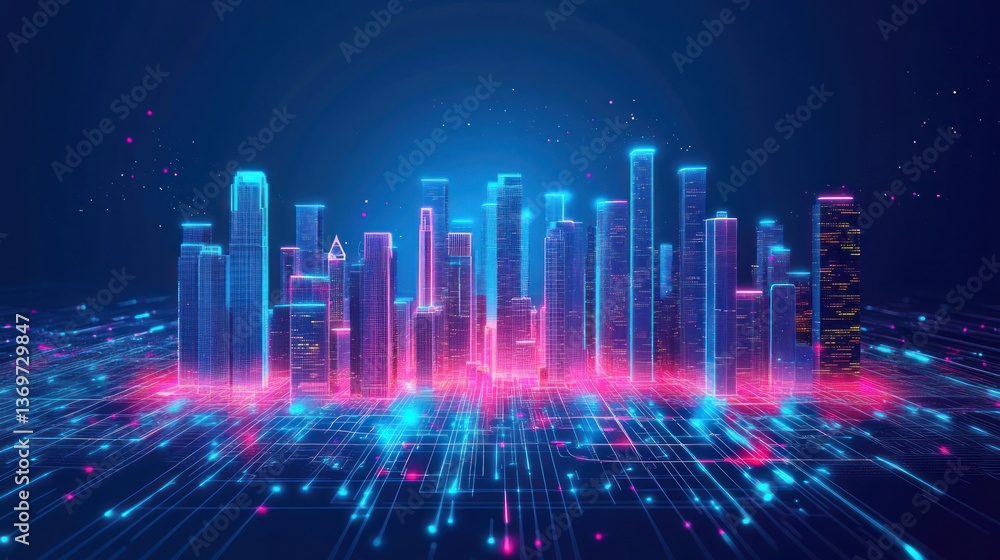 Fototapeta premium Neon Cityscape: A Digital Metropolis in Cyberspace