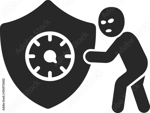 Cyber protection solid icon with thief trying to steal shielded idea, vector.